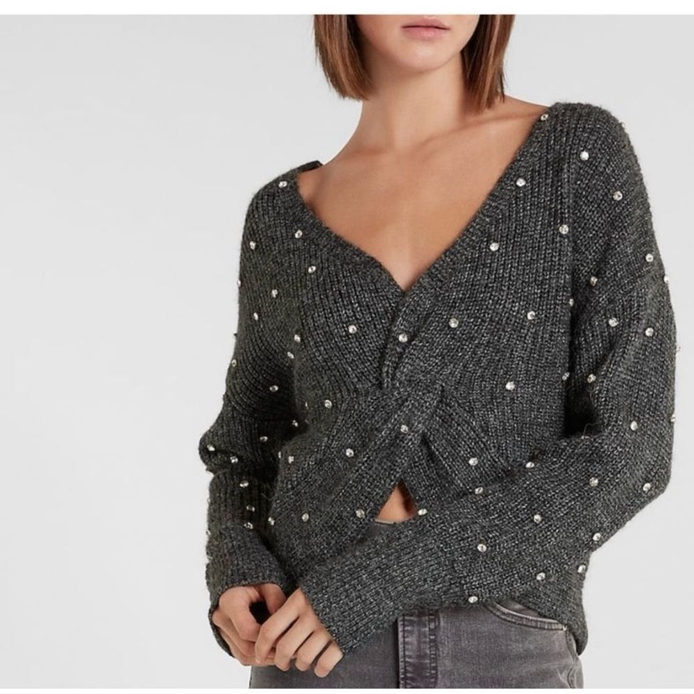 Express Embellished Rhinestone Twist Reversible Sweater